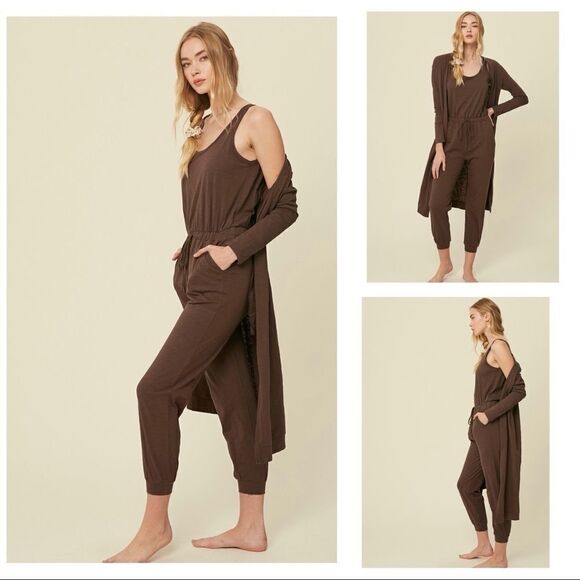 𝅺textured cotton jumpsuit & long cardigan knit set - Picture 1 of 15